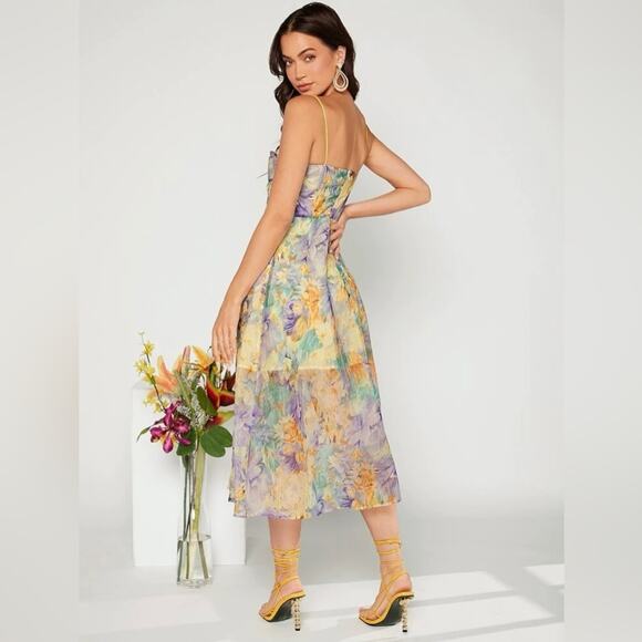 SHEIN NWT Size 6 (Medium) Floral Print Water Color Sheer Overlay Cami Midi Dress - Picture 3 of 6